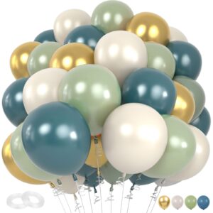 dusty sage green blue balloons, 50pcs green blue gold balloon, pastel olive green slate blue beige metallic gold balloon for women men boho birthday wedding baby bridal shower party decorations