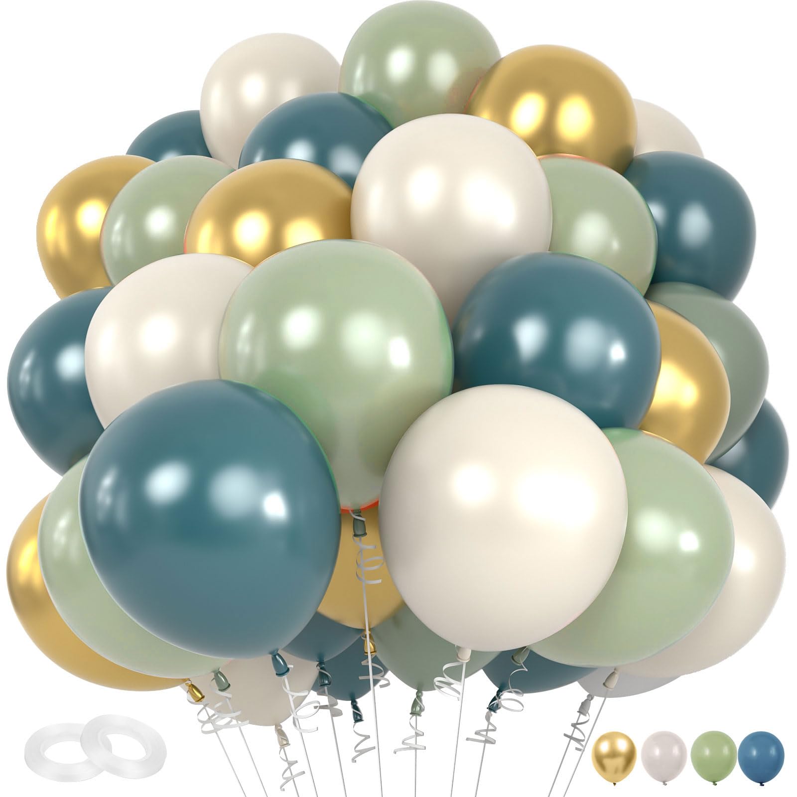 Dusty Sage Green Blue Balloons, 50Pcs Green Blue Gold Balloon, Pastel Olive Green Slate Blue Beige Metallic Gold Balloon for Women Men Boho Birthday Wedding Baby Bridal Shower Party Decorations