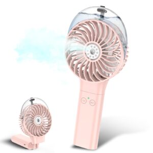 morecore portable handheld misting fan, battery operated personal spray water mist fan, rechargeable mister fan, mini foldable fan for disney travel makeup beach outdoors (pink)