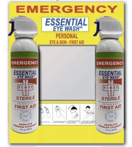 mirrored emergency eye wash station with 2 bottles of 7-oz eyewash spray from biologic aqua