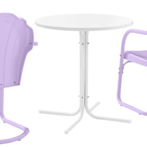 Crosley Furniture Tulip 3-Piece Outdoor Bistro Set, Vintage Retro Metal Patio Table and Chairs for Dining, Lavender Gloss/White Satin