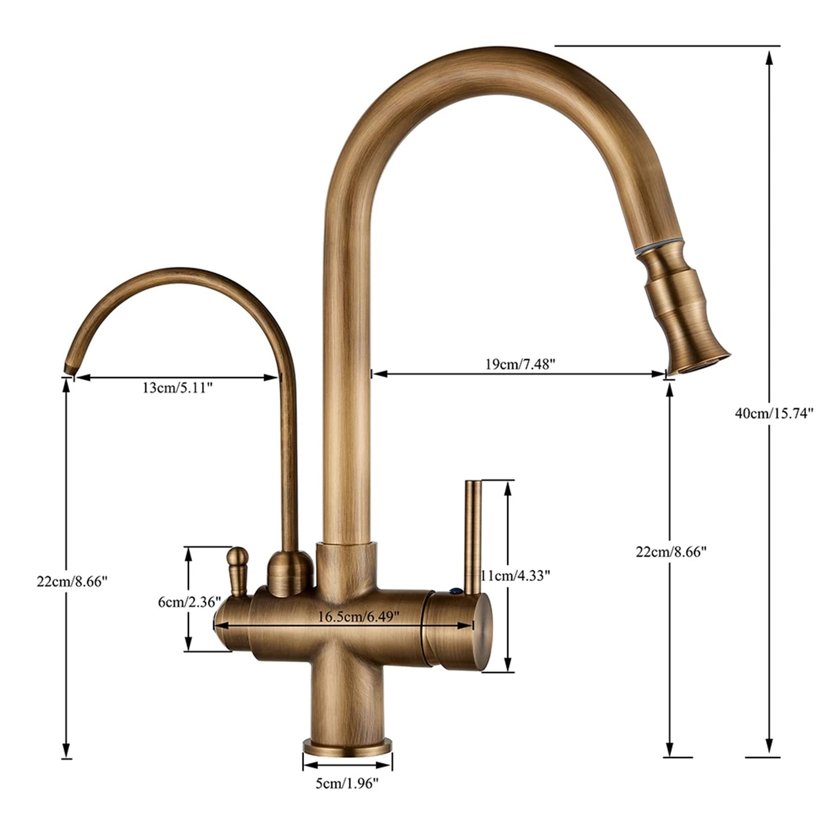 WTEZRSRGG Pull Out Kitchen Faucet with Drinking Water Filter Faucet 2 in 1 Antique Brass Kitchen Sink Faucet 360° Swivel Cold and Hot Water Kitchen Mixer Tap with 2 Handles