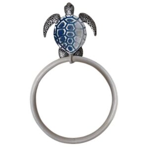 metal sea turtle towel ring wall mount - beach house inspired, coastal themed towel holder - nautical bathroom decor and accessories - ideal for marine tropical life lovers