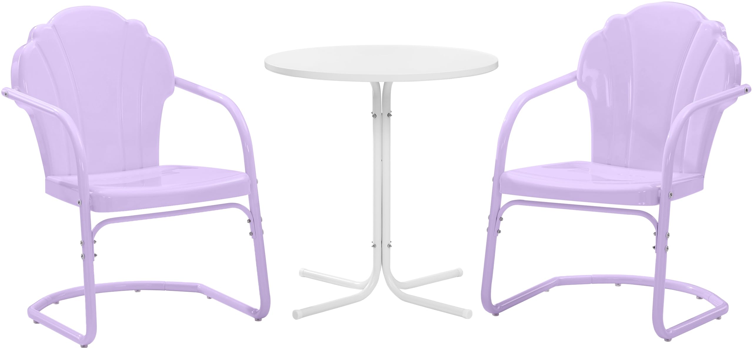 Crosley Furniture Tulip 3-Piece Outdoor Bistro Set, Vintage Retro Metal Patio Table and Chairs for Dining, Lavender Gloss/White Satin