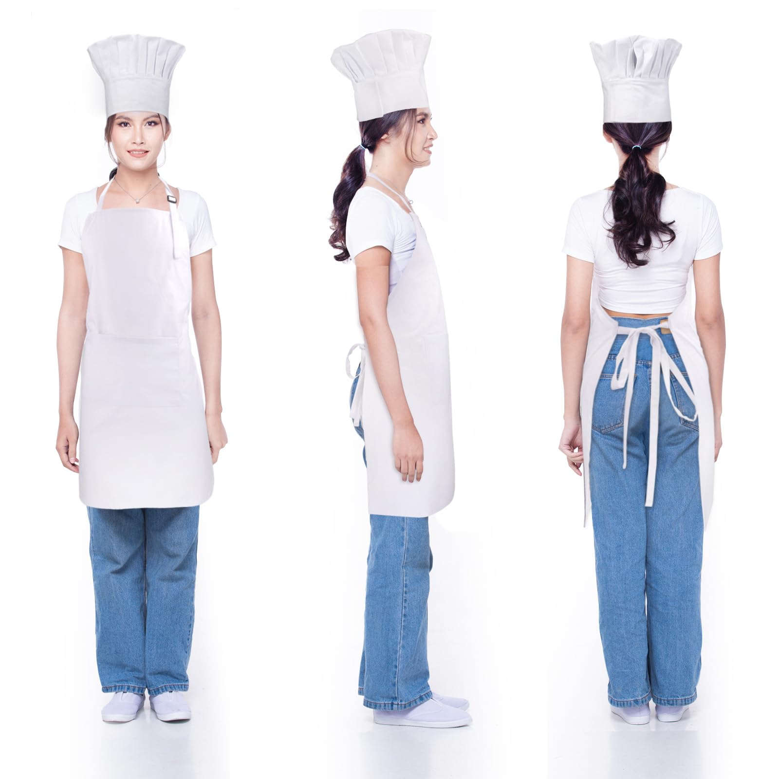 CRJHNS Chef Apron and Hat set, Chef Hat with Hook and Loop Tape 2 Pockets Adjustable Cotton Kitchen Cooking Bib Apron, Baker Costume for Men Women(White)