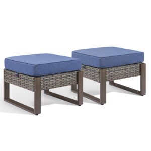 HUMMUH Patio Ottomans Outdoor Foot Rest-All Weather Rattan Outdoor Footstool with Removable Cover Cushions for Deck Porch Garden Balcony Poolside-Grey/Blue