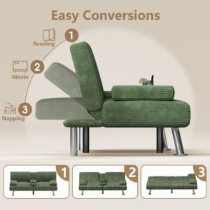 Flamaker Futon Sofa Bed Corduroy Folding Couch Adjustable Sleeper Sofa Bed for Small Apartment Upholstered Living Room Furniture Set with 2 Cup Holders Removable Armrests (Green)