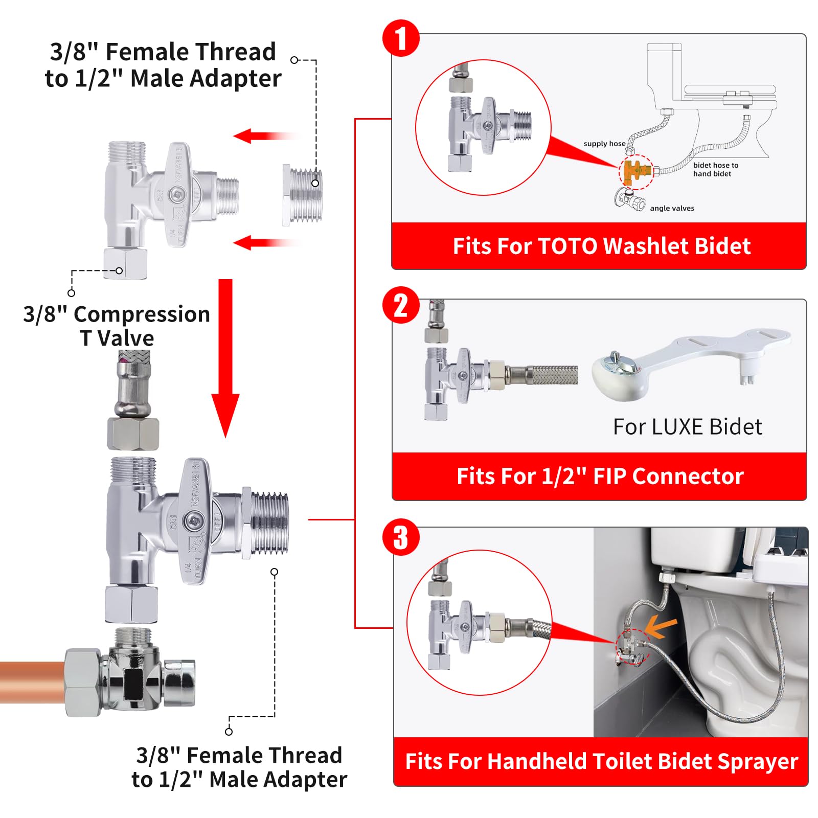 Tee Stop Valve 3/8 X 3/8 X 3/8 Or 1/2 Inch bidet T Connector Valve Adapter Tee Connector Adapter For Connector TOTO Washlet Bidet,Handheld Bidet Sprayer,Toilet Tank,Dishwasher