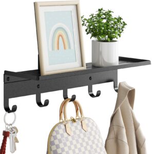 bethom wall shelf with hooks, metal coat rack wall mounted with 5 hooks, 17 inch length entryway coat hangers storage clothes, bags, purse, keys for living room, bedroom, black