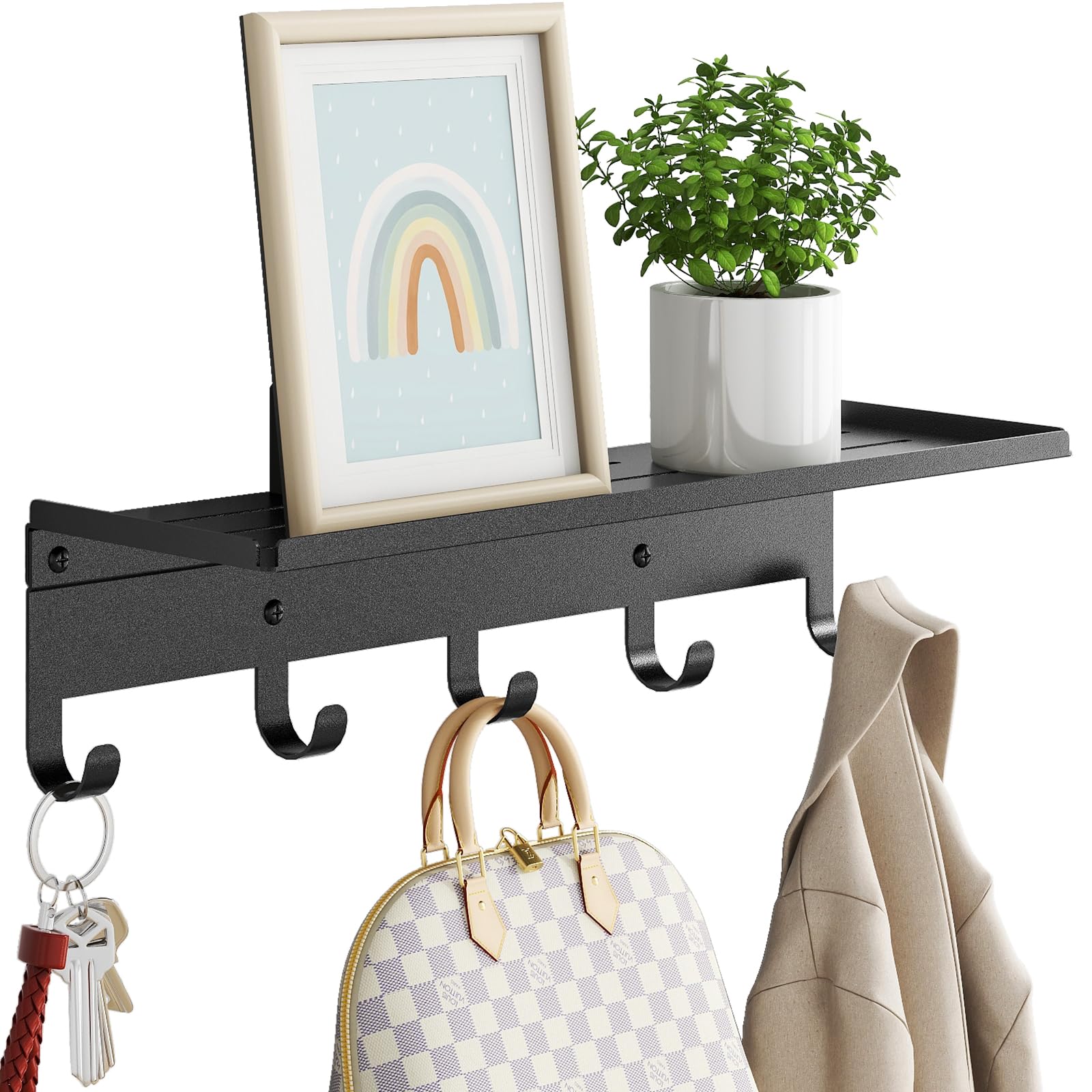 Bethom Wall Shelf with Hooks, Metal Coat Rack Wall Mounted with 5 Hooks, 17 Inch Length Entryway Coat Hangers Storage Clothes, Bags, Purse, Keys for Living Room, Bedroom, Black