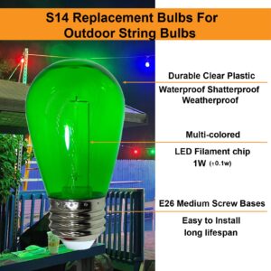 abulber S14 led Outdoor String Light Replacement Bulbs,Plastic,Shatterproof,Waterproof.1 Watt to Replace 11 Watts Incandescent Bulb.120V 2700K E26 Multi-Colored 16 Pack