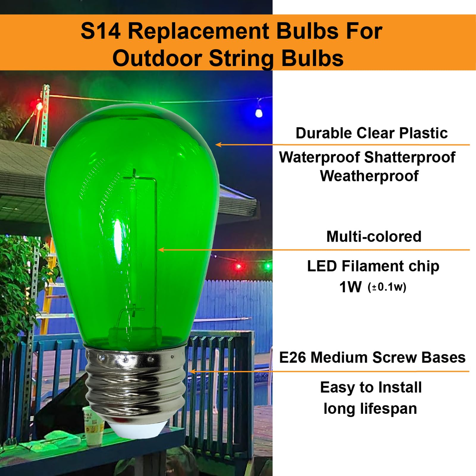 abulber S14 led Outdoor String Light Replacement Bulbs,Plastic,Shatterproof,Waterproof.1 Watt to Replace 11 Watts Incandescent Bulb.120V 2700K E26 Multi-Colored 16 Pack