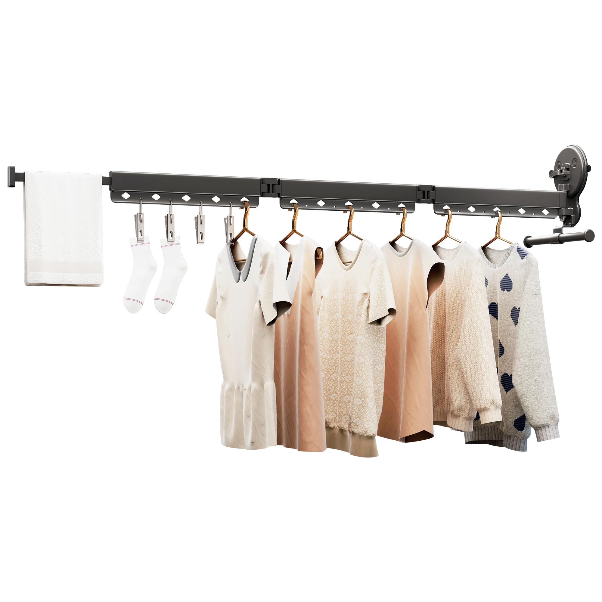 HEILAIYI Suction Cup Clothes Drying Rack,Drying Rack Clothing Wall Mounted,Laundry Drying Rack,Foldable,Collapsible,Retractable,Clothes Hanger Rack with Clips