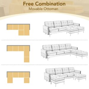 FANYE 111" W U-Shaped Sectional Sofa Couch with Reversible Chaise and Movable Ottoman, Modern 5-Seaters Convertible Corner Sofa&Couch with Side Pockets and Nail Head Decor for Living Room