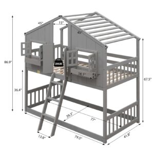 Rovibek House Bunk Beds for Kids Twin Over Twin with Stairs Wood Farmhouse with Door Windows Ladder, No Box Spring Needed, Easy Assembly, Grey