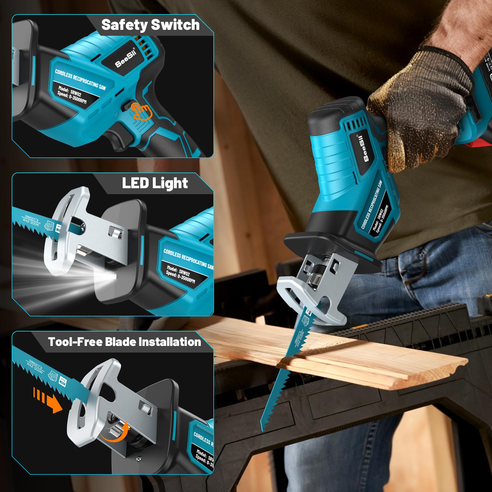 Reciprocating Saw Cordless, Sawzall Cordless with 2 x 2.0Ah Batteries, 3500RPM Brushless Power, LED Light, Tool-free Blade Change 8 Saw Blades Portable Reciprocating Saw for Wood PVC Cutting