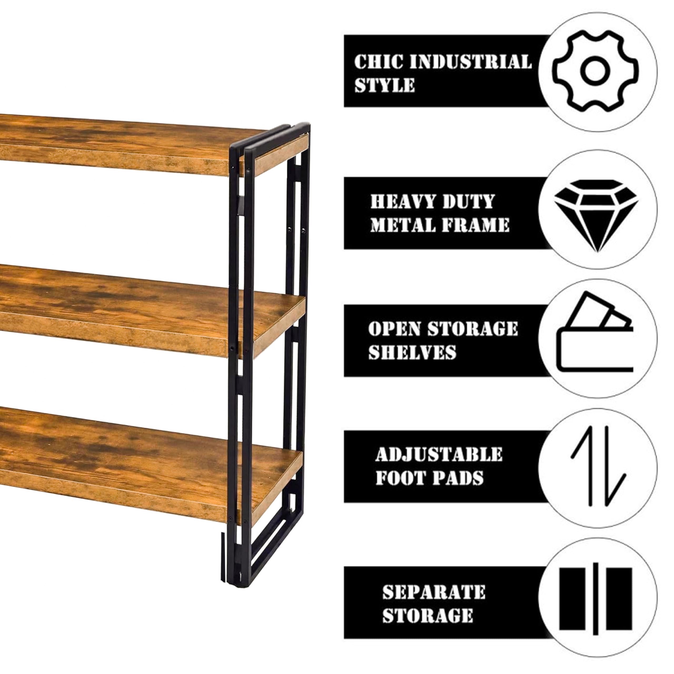 HIBOAT 47" 3-Tier Bookshelf Rustic Wood and Metal Industrial Bookshelf for Home Office, Bedroom, Kitchen, Bathroom (Rustic Brown, 3-Tier)