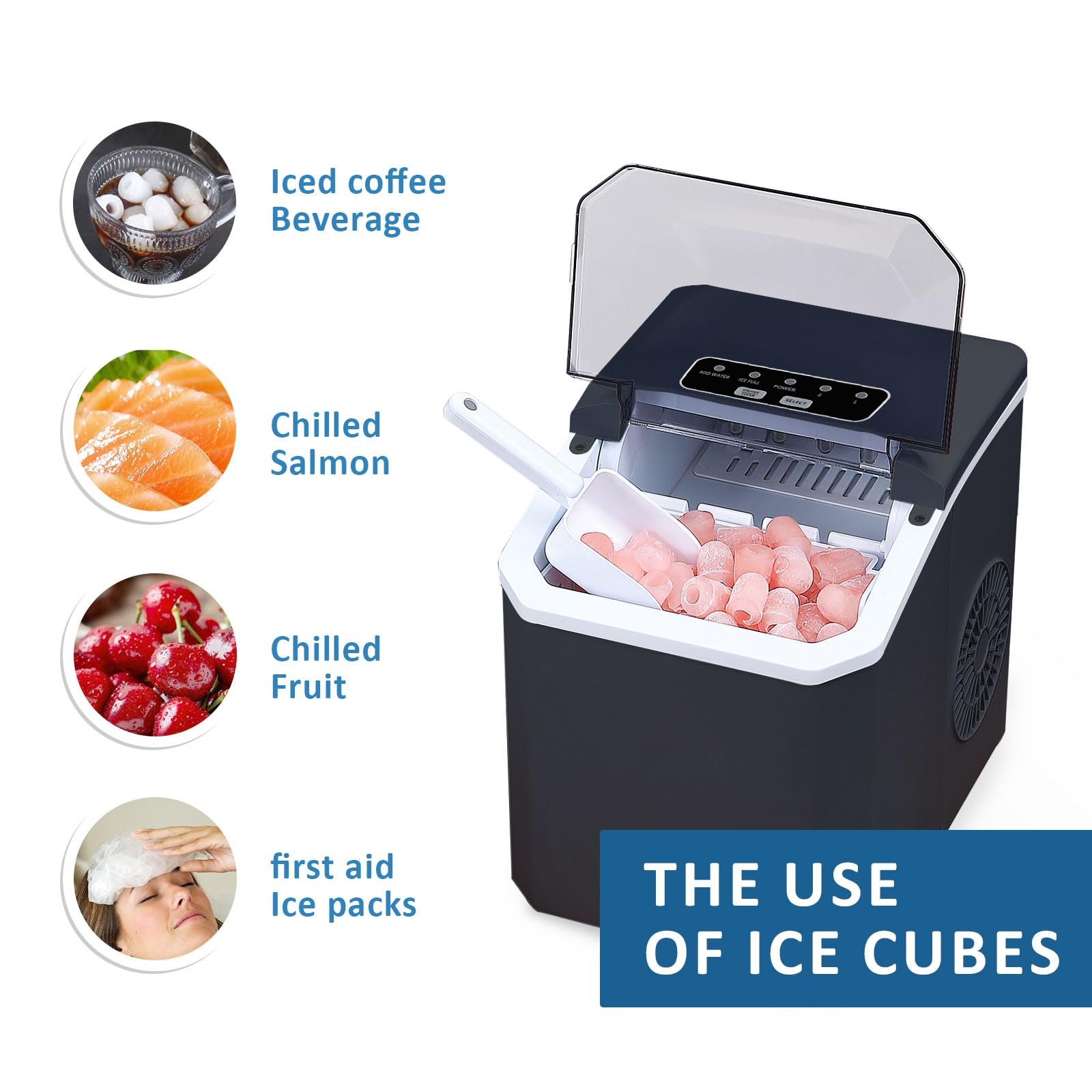 Ice Maker Countertop, 9 Cubes Ready in 6 Minutes, 26lbs in 24Hrs, Self-Cleaning Ice Machine with Ice Scoop and Basket, 2 Sizes of Bullet Ice for Home Kitchen Office Bar Party(Black)