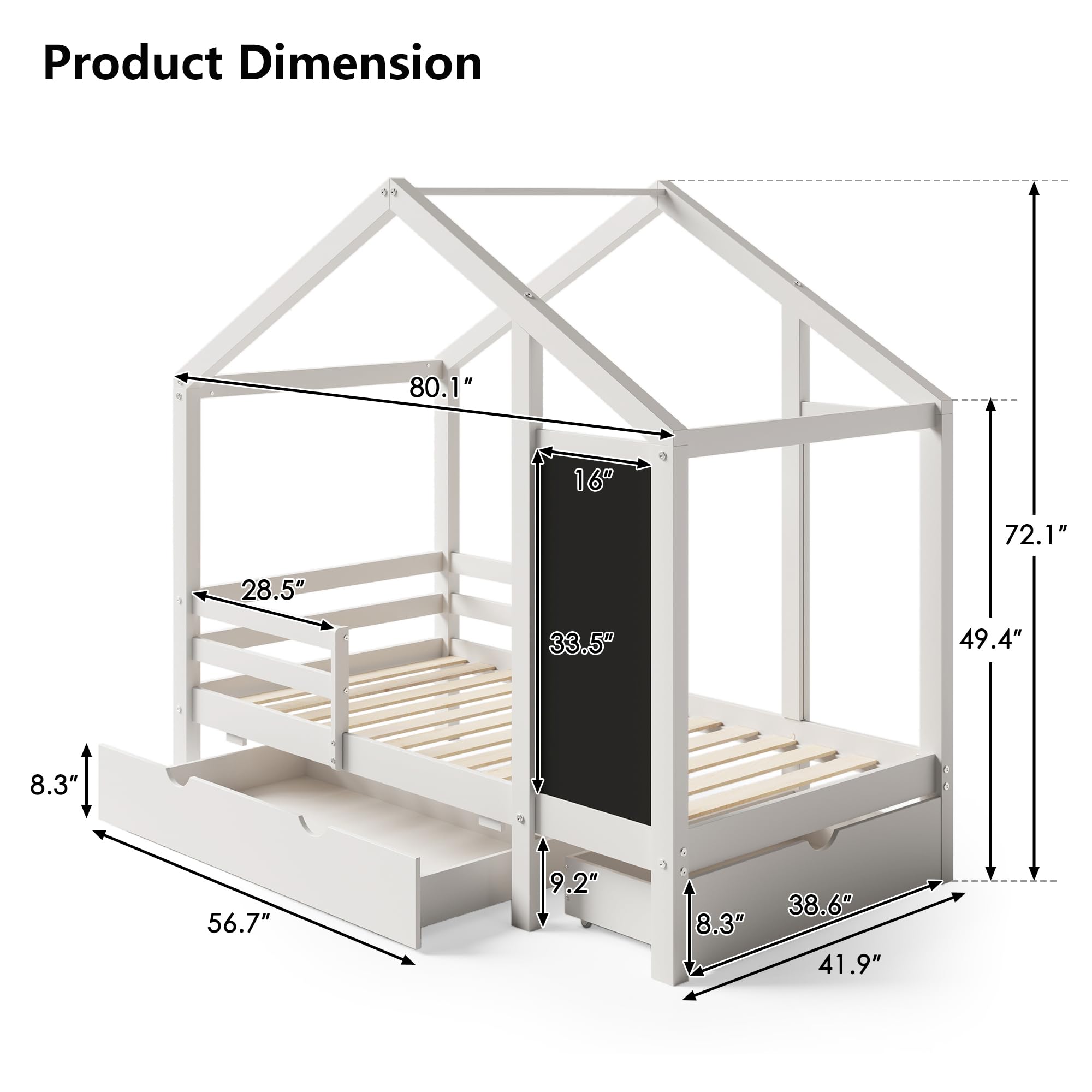 HUMEHA Twin House Bed with Drawers, Kids Platform Bed Frame with Blackboard, Montessori House Bed with Slats and Roof for Teens Girls Boys, 80.1" L x 41.9" W x 72" H, White