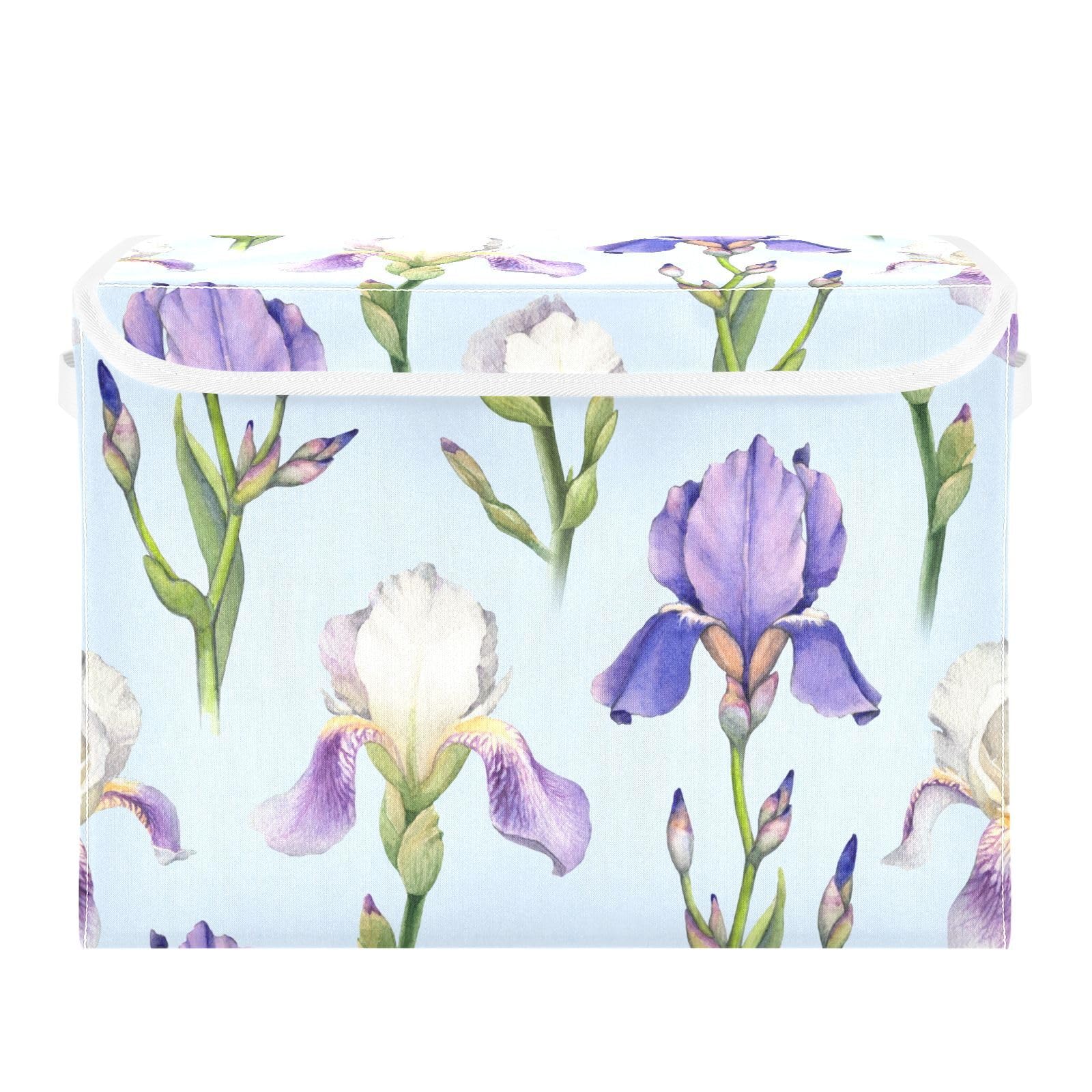 Doterii Chic Purple Iris Flower Storage Bin with Lid Fabric Foldable Cube Baskets Closet Toy Organizer