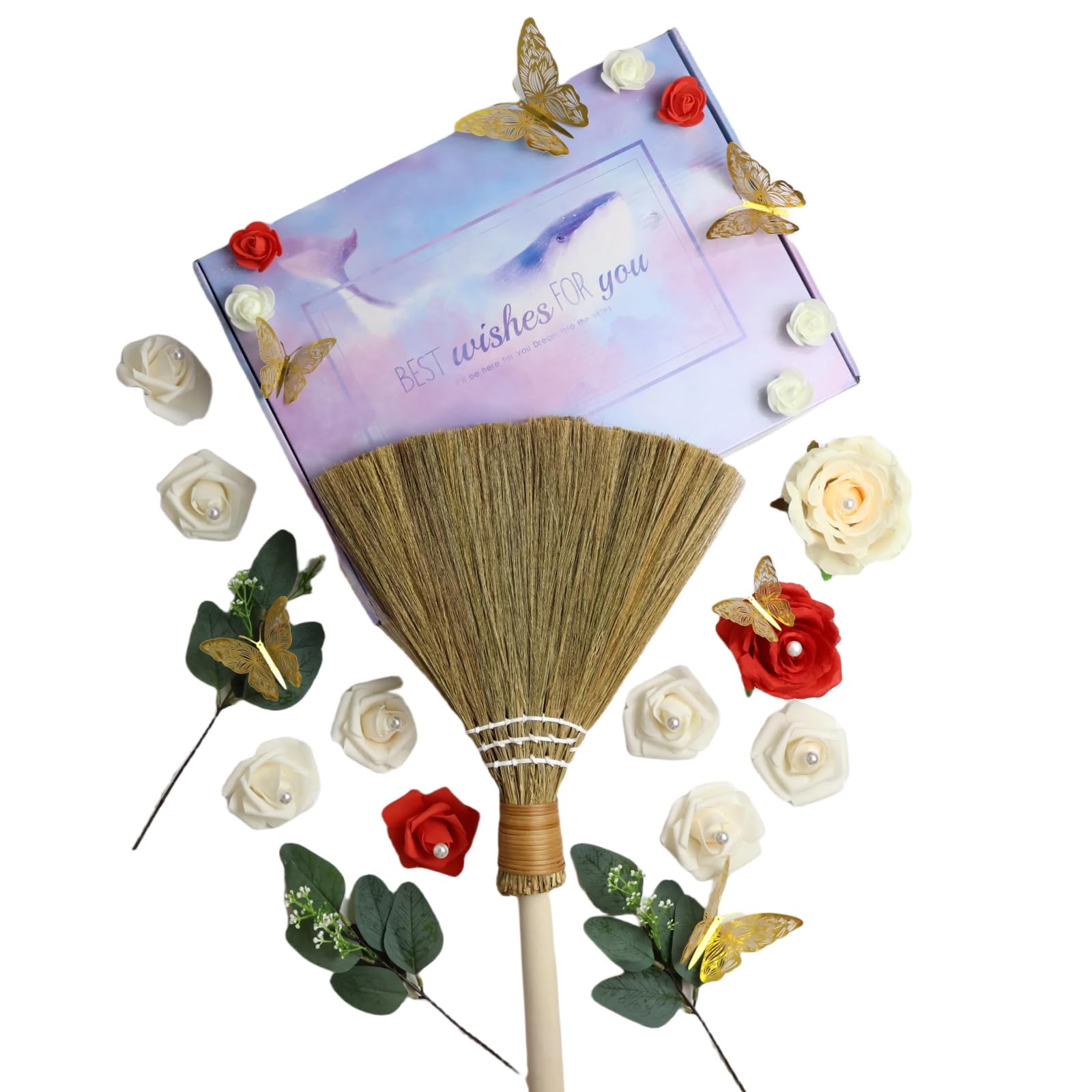 Wedding Brooms for Jumping Ceremony, Extended 35 x 11.8 in DIY Whisk Broom, Jumping The Broom for Wedding, Decorative Broom with 3D Butterflies/Name Stickers/Artificial Roses/Eucalyptus Leaves