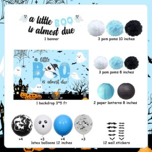 JOYMEMO Halloween Baby Shower Decorations Boy - A Little Boo is Almost Due Backdrop with Banner Blue and Black, Paper Lanterns Pom Poms, Bat Wall Stickers for Pregnancy Celebration Newborn Party