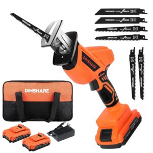 dinshare 20v cordless reciprocating saw, 0-3500 spm, 2 packs batteries, updated, tool-free blade change, led light power reciprocating saws, includes 6 saw blades kit for wood/metal/pvc cutting