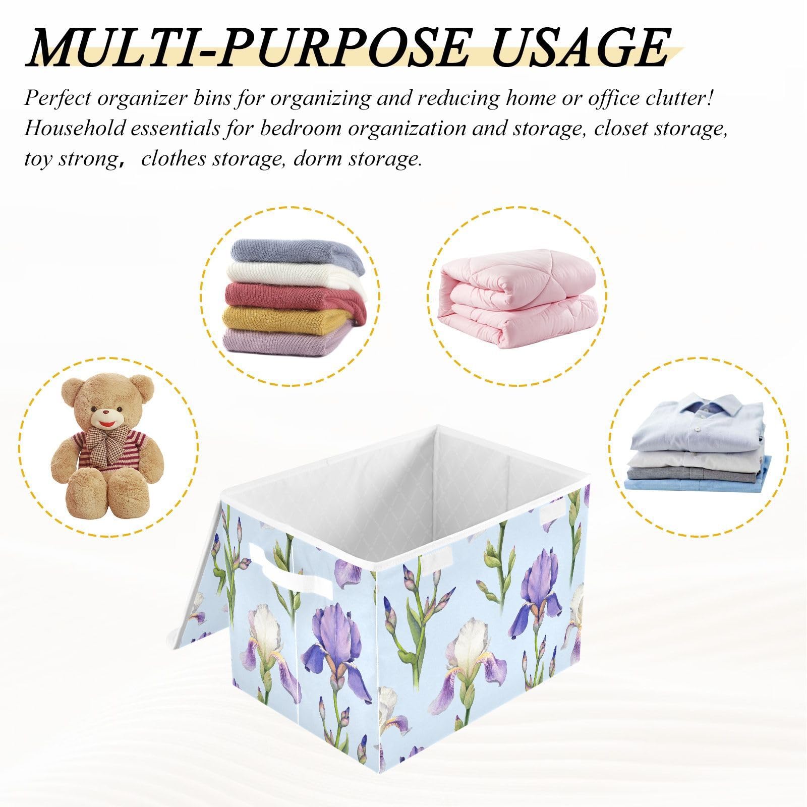 Doterii Chic Purple Iris Flower Storage Bin with Lid Fabric Foldable Cube Baskets Closet Toy Organizer