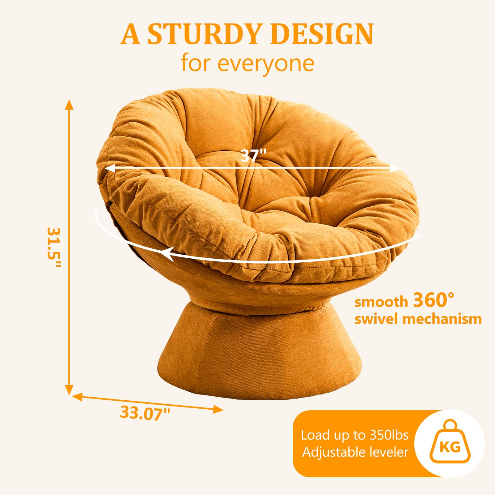 Papasan Chair,Papasan Chair with Cushion and Frame,Comfy Chenille Upholstered Round Reading Chair,Oversized 360° Swivel Accent Chair with Metal Base Lazy Chair for Bedroom,Living Room,Orange