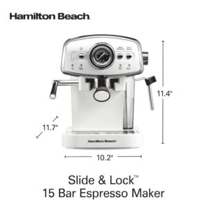 Hamilton Beach Slide & Lock Espresso Machine With Milk Frother Steam Wand For Cappuccino & Latte, 15 Bar Pump and Two Spouts, Removable Reservoir, Compact, Retro Design, White (40731)