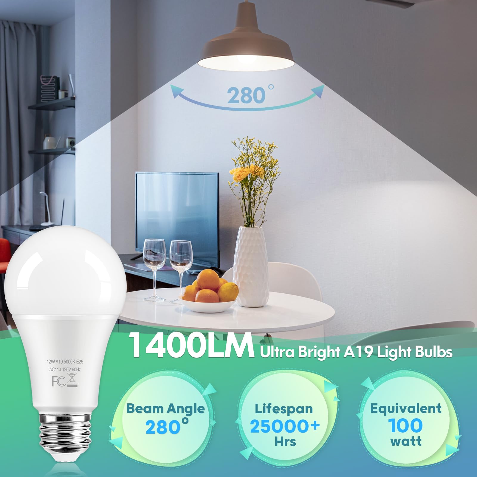 TOBUSA LED Light Bulbs 100 Watt Equivalent, 1400 Lumens Super Bright A19 Daylight White 5000K LED Bulbs, Standard E26 Medium Screw Light Bulbs Non-Dimmable, 25000+Hrs Lifespan, No-Flicker, 12-Pack