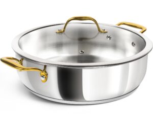 michelangelo stainless steel pan with lid - 7 quart saute pan, deep frying pan with lid, dishwasher and oven-safe, all cooktops compatible, 12 inch