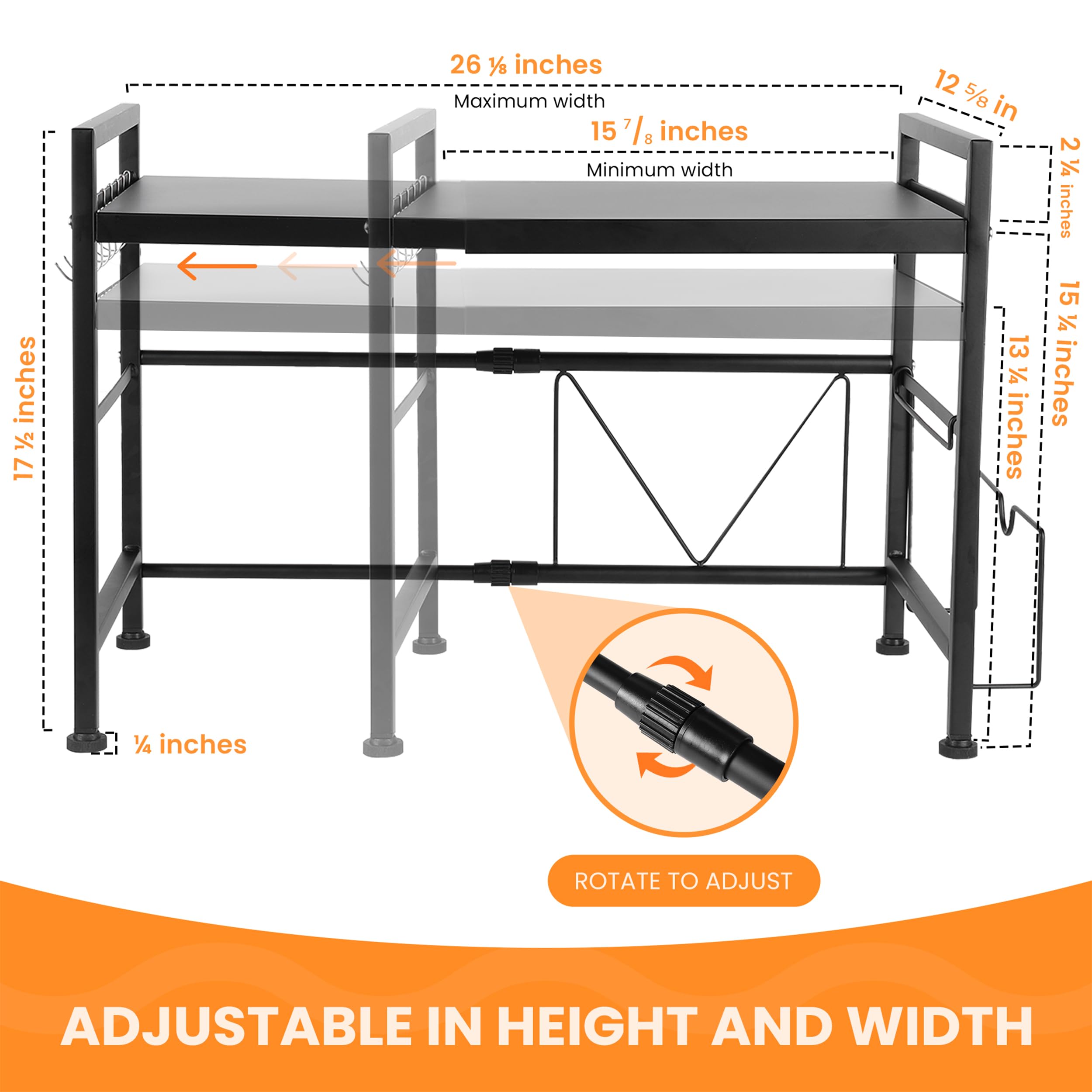 KEYPT Extendable Microwave Oven Rack - Adjustable Kitchen Counter Shelf, 2 Tier Microwave Stand with 6 Hooks for Kitchen Countertop Organizer (Black) Microwave Shelf with Cutting Board Attachment