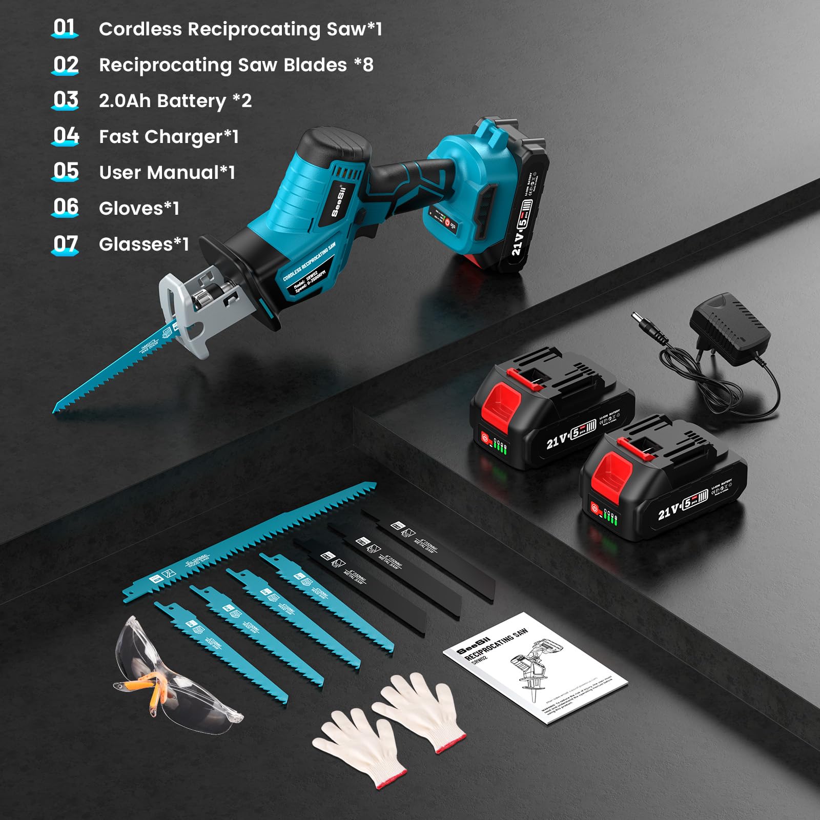 Reciprocating Saw Cordless, Sawzall Cordless with 2 x 2.0Ah Batteries, 3500RPM Brushless Power, LED Light, Tool-free Blade Change 8 Saw Blades Portable Reciprocating Saw for Wood PVC Cutting