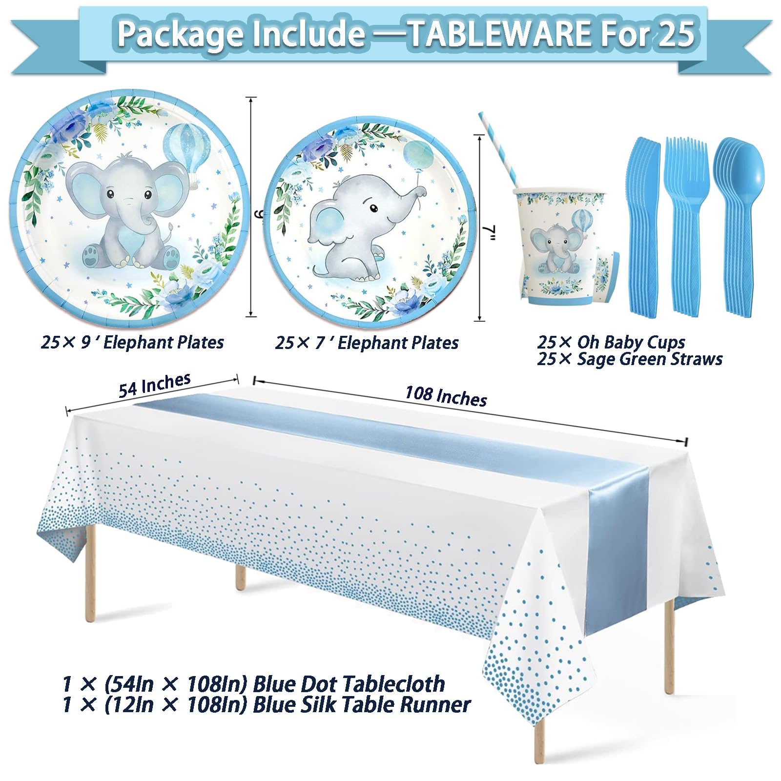 277 Pcs Baby Shower Decorations For Boy, Elephant Boy Baby Shower Decorations Kits - Disposable Dinnerware Set With Blue Elephant (25 Guest), "BABY BOY" Banner, Balloon, Sash, Cake Topper (BLUE)