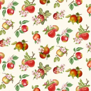 timeless treasures orchard valley red apples with leaves and flowers on cream cotton fabric by the yard, cd2863-cream