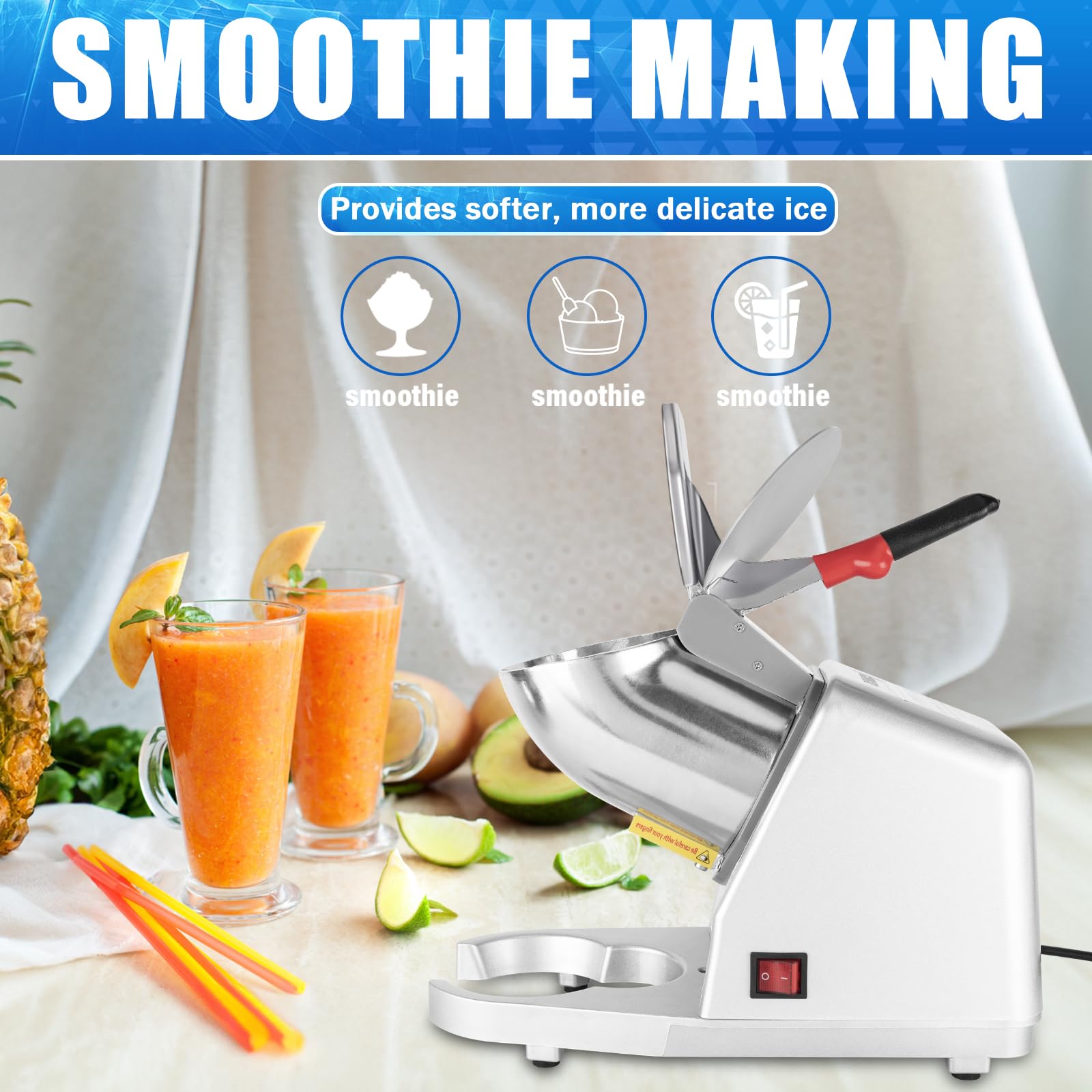 Ice Shaver Machine - Electric 4 Blades Ice Crusher Shaver, Stainless Steel Snow Cone Maker Shaved Ice Machine (300W 2200r/min) for Home & Commercial Use, Prevent Splash, with Ice Pick & Bowl