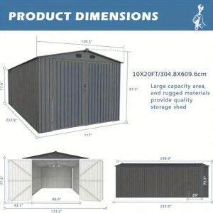 20 x 10 FT Outdoor Storage Shed, Large Metal Garden Shed with 2 Lockable Doors, Tool Shed Outdoor Storage with 4 Air Vents, Garage Shed Waterproof for Car, Truck, Bike, Garbage Can, Tool, Dark Gray