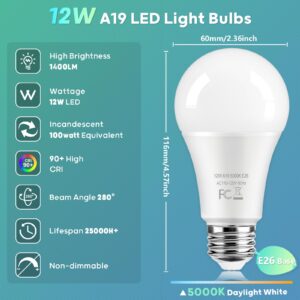 TOBUSA LED Light Bulbs 100 Watt Equivalent, 1400 Lumens Super Bright A19 Daylight White 5000K LED Bulbs, Standard E26 Medium Screw Light Bulbs Non-Dimmable, 25000+Hrs Lifespan, No-Flicker, 12-Pack