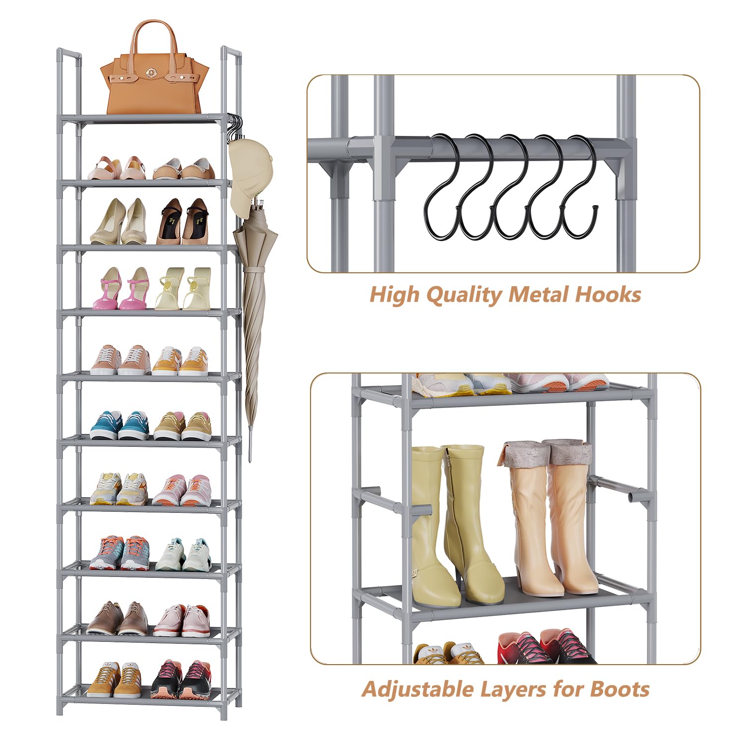 WOKKOW Shoe Rack Organizer, 10 Tier Tall Narrow Shoe Rack for Closet Entryway, Shoe Storage Shelf Holds 20-25 Pairs with Hooks, Gray