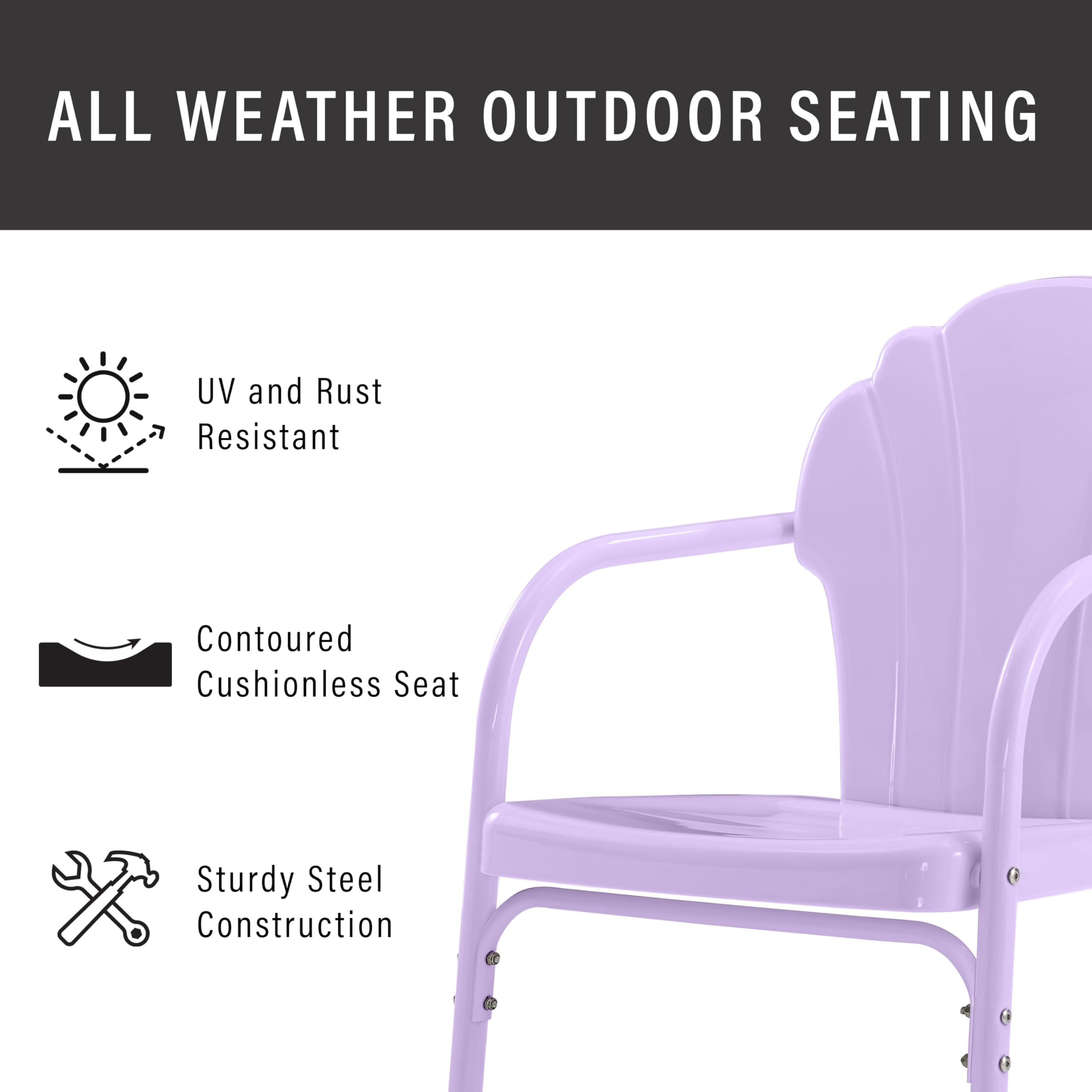 Crosley Furniture Tulip 3-Piece Outdoor Bistro Set, Vintage Retro Metal Patio Table and Chairs for Dining, Lavender Gloss/White Satin