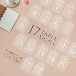 17 Pieces Wedding Table Numbers with Stands, Table Numbers 1-15 with Head Table and Gift Table, 5x7 Inch Frosted Arch Acrylic Table Numbers with White Letters, Table Numbers for Wedding Reception