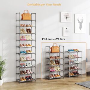 WOKKOW Shoe Rack Organizer, 10 Tier Tall Narrow Shoe Rack for Closet Entryway, Shoe Storage Shelf Holds 20-25 Pairs with Hooks, Gray