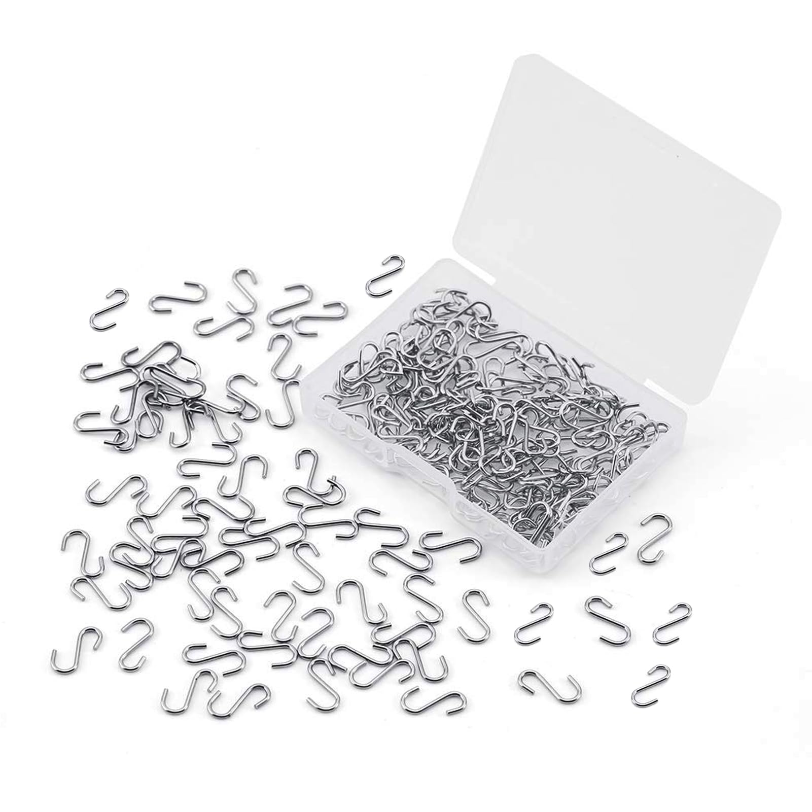 Florixen Stainless Steel Mini S-Hooks 100Pcs 1/2 Inch with Storage Box for Keychain Decoration Hangers Birthday Card DIY Jewelry Beads Handcraft (Silver)