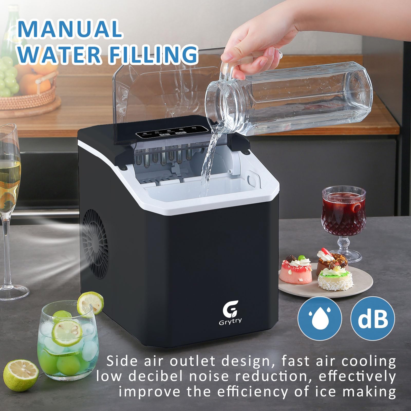 Ice Maker Countertop, 9 Cubes Ready in 6 Minutes, 26lbs in 24Hrs, Self-Cleaning Ice Machine with Ice Scoop and Basket, 2 Sizes of Bullet Ice for Home Kitchen Office Bar Party(Black)