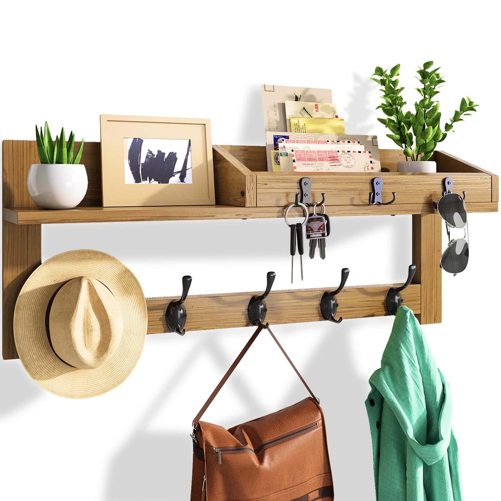 Coat Rack Wall Mount with Shelf, Wall Mounted Coat Rack with Shelf, 24 in Coat Hanger Wall Mount, Wooden Hanging Entryway Shelf with Hooks for Backpack, Bag, Purse, Large Key and Mail Holder for Wall