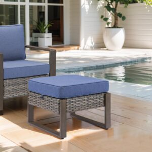 HUMMUH Patio Ottomans Outdoor Foot Rest-All Weather Rattan Outdoor Footstool with Removable Cover Cushions for Deck Porch Garden Balcony Poolside-Grey/Blue