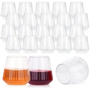 tchrules 24 pack plastic ribbed wine glasses, 14oz stemless disposable wine cups, clear unbreakable outdoor cocktail glasses, heavy duty reusable plastic drinking cups for party wedding mimosa bar