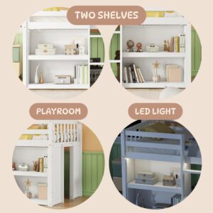 Luckiofvonne Twin Size Low Loft Bed with Storage Shelves, Wood Kids Twin Loft Bed with LED Light and Shelves, Low Loft Bed for Kids, Boys Girls, Strong Wood Slats Support, White