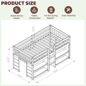 Luckiofvonne Twin Size Low Loft Bed with Storage Shelves, Wood Kids Twin Loft Bed with LED Light and Shelves, Low Loft Bed for Kids, Boys Girls, Strong Wood Slats Support, White